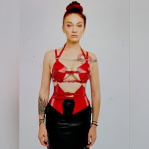 Chic Sexy Black Leather Strappy Women's Top&Belt Custom Made Genuine leather💯